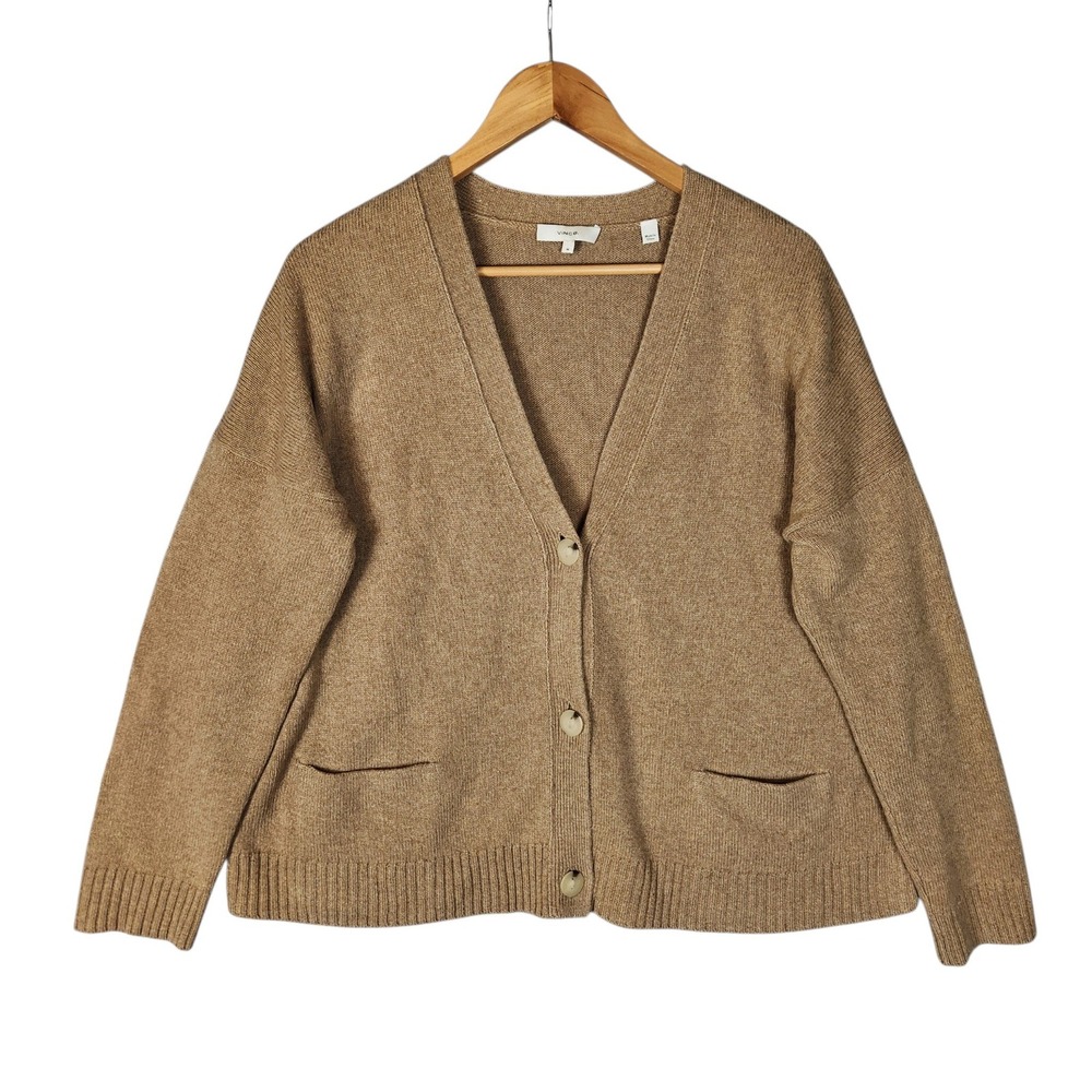 Vince V-Neck Cardigan Women's M Tan Wool Yak Button Front Pocket Boxy Relaxed